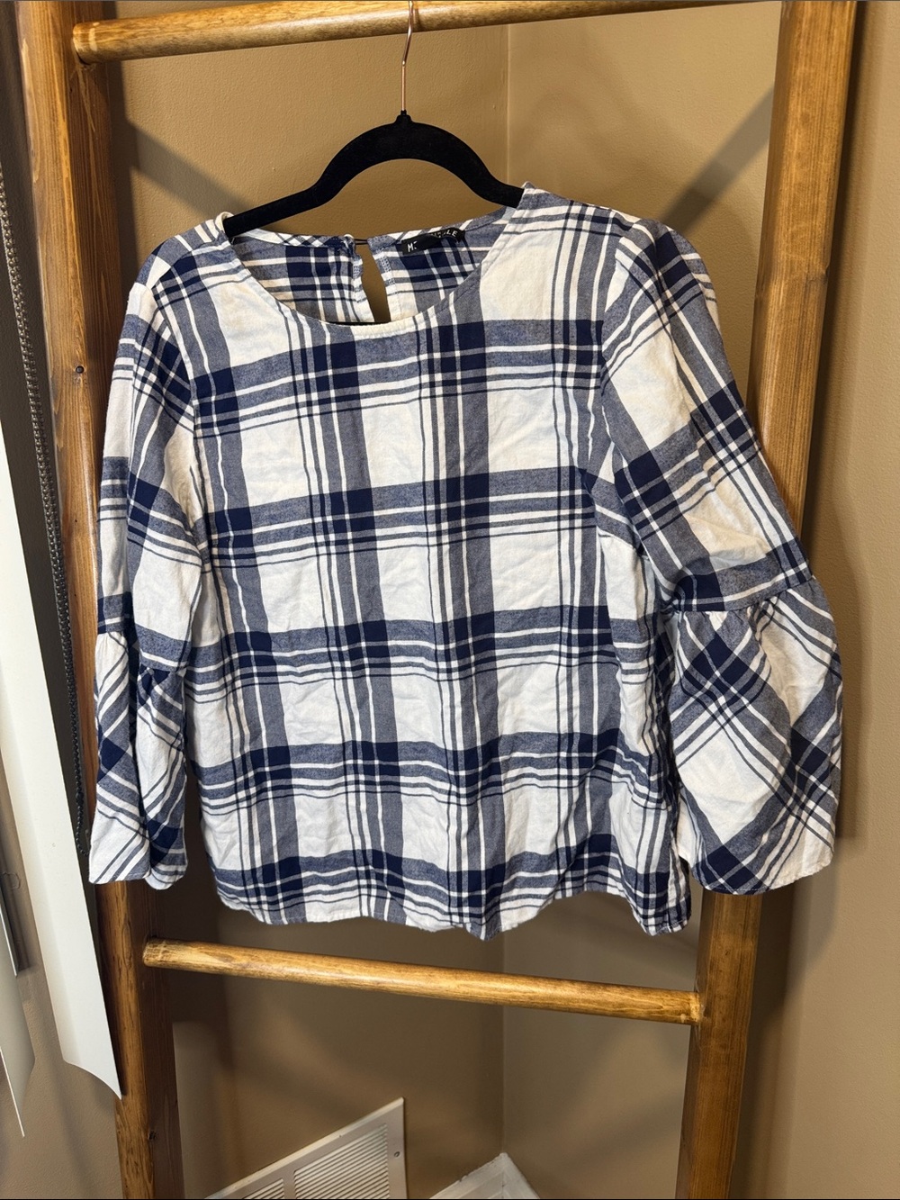 J. Crew Navy and White Plaid Bell Sleeve Blouse